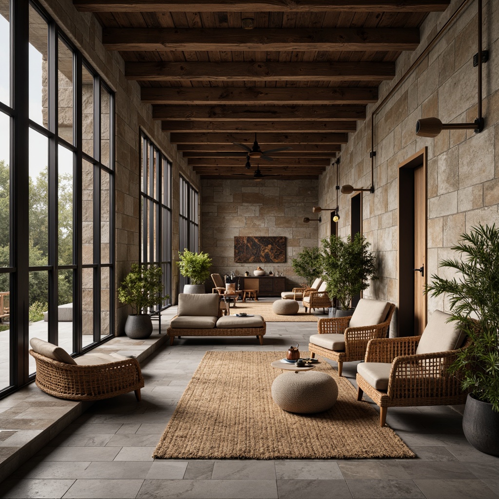 Prompt: Rustic stone walls, weathered wooden planks, smooth marble floors, glossy glass surfaces, matte concrete textures, metallic accents, woven wicker furniture, natural fiber rugs, distressed leather upholstery, reclaimed wood beams, industrial metal pipes, warm ambient lighting, shallow depth of field, 2/3 composition, realistic rendering, atmospheric perspective.