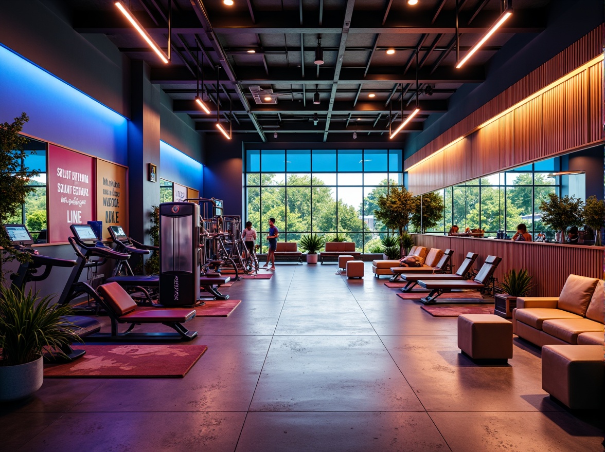 Prompt: Vibrant fitness club interior, high-ceilinged space, polished concrete floors, mirrored walls, sleek metal equipment, colorful exercise machines, motivational quotes, modern LED lighting, bright overhead lamps, cozy corner seating, natural wood accents, energizing color scheme, intense workout atmosphere, dynamic shadows, shallow depth of field, 1/2 composition, realistic textures, ambient occlusion.