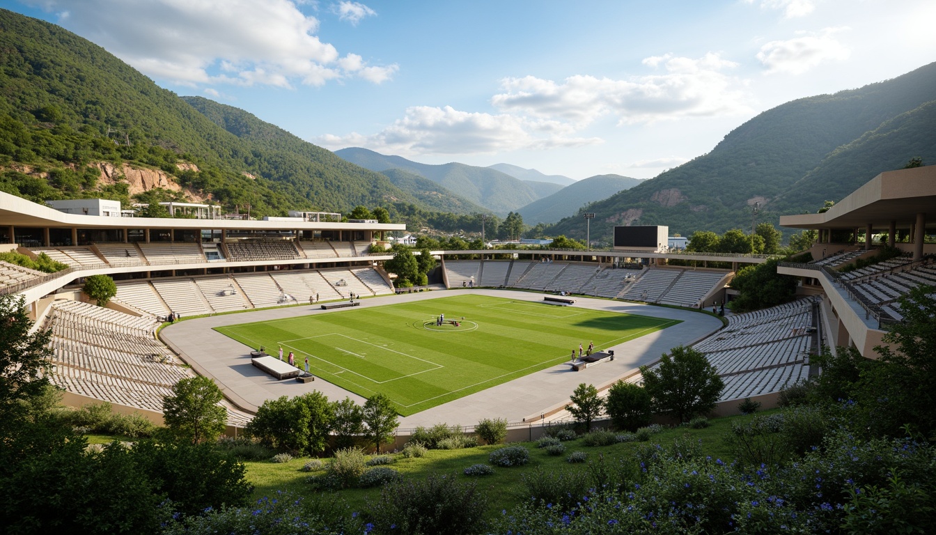 Prompt: Panoramic stadium view, lush green hills, rolling terrain, integrated landscape design, natural stone seating areas, curved lines, organic architecture, cantilevered roofs, large overhangs, clerestory windows, abundant daylight, soft warm lighting, shallow depth of field, 3/4 composition, realistic textures, ambient occlusion, sports facilities, athletic tracks, football fields, spectator seating, concession stands, modern amenities, sustainable materials, eco-friendly design, innovative ventilation systems, shaded outdoor spaces, misting systems.