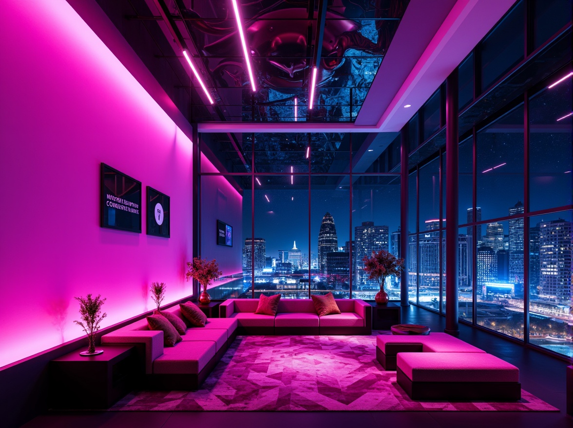 Prompt: Vibrant magenta walls, bold futuristic architecture, neon-lit cityscape, dark night sky, starry twinkling lights, sleek metallic accents, glossy reflective surfaces, dynamic diagonal lines, high-tech gadgets, avant-garde furniture, abstract geometric patterns, electric blue undertones, radiant purple hues, rich velvet textures, dramatic spot lighting, shallow depth of field, 3/4 composition, cinematic atmosphere.