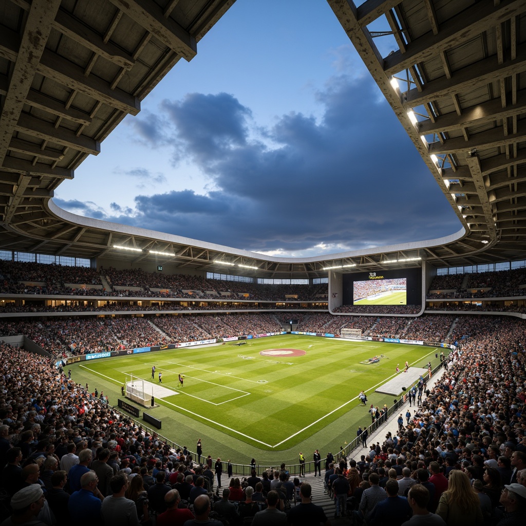 Prompt: Rugged football stadium, brutalist architecture, exposed concrete structures, raw steel beams, angular lines, monumental scale, imposing fa\u00e7ade, cantilevered roof, dramatic lighting, intense shadows, vibrant green turf, bold white markings, dynamic crowd energy, evening atmosphere, warm golden light, 1/2 composition, symmetrical framing, realistic textures, ambient occlusion.