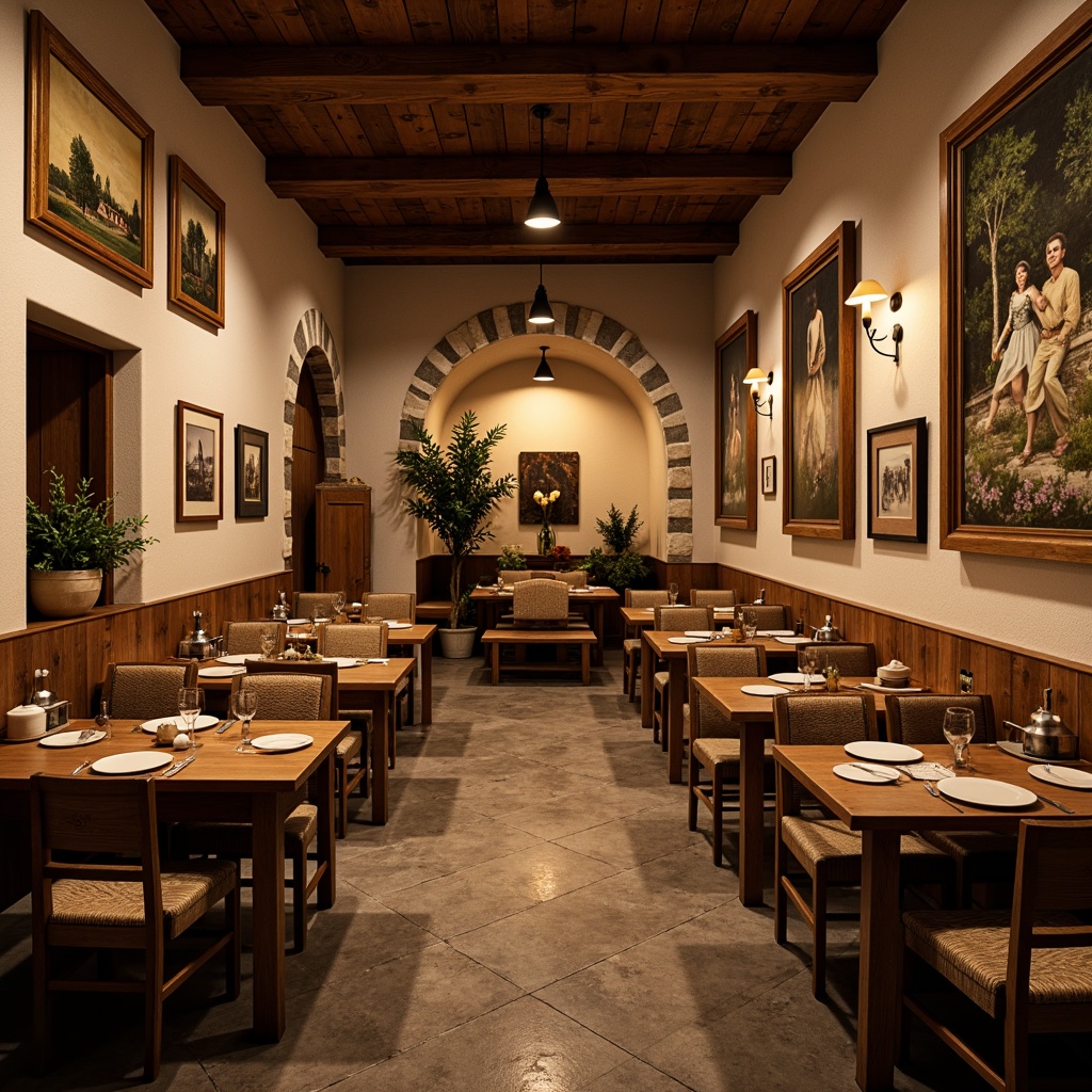 Prompt: Cozy regional restaurant, earthy color palette, natural wood accents, stone walls, vintage decor, local artwork, warm lighting, intimate seating areas, traditional cuisine, cultural heritage, rustic wooden tables, woven textiles, ambient music, soft focus, shallow depth of field, 2/3 composition, warm color grading, realistic materials.