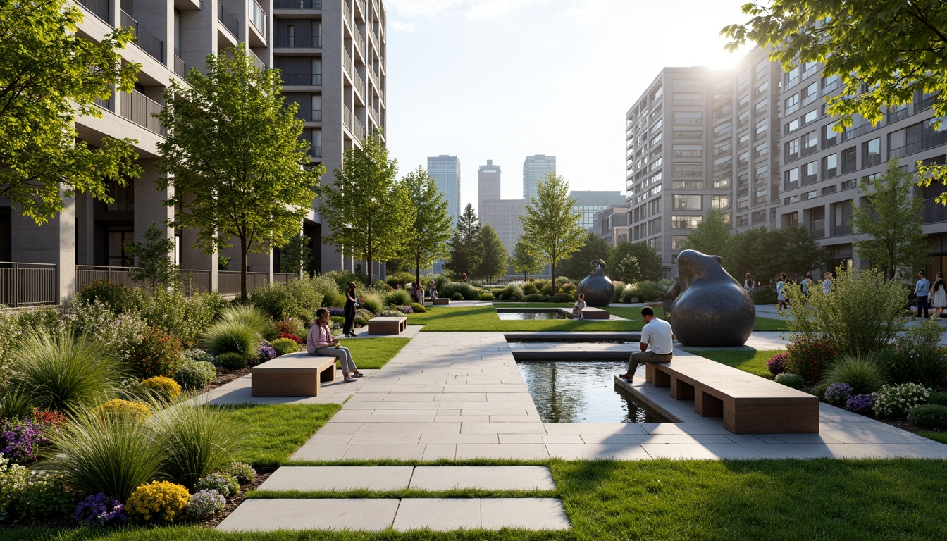 Prompt: Modern minimalist garden, clean lines, sleek stone pathways, lush green grass, vibrant flower beds, ornamental shrubs, geometric planters, abstract sculptures, ambient outdoor lighting, shallow water features, floating stepping stones, natural wood accents, contemporary benches, urban cityscape backdrop, sunny day, soft warm lighting, 3/4 composition, panoramic view, realistic textures, ambient occlusion.