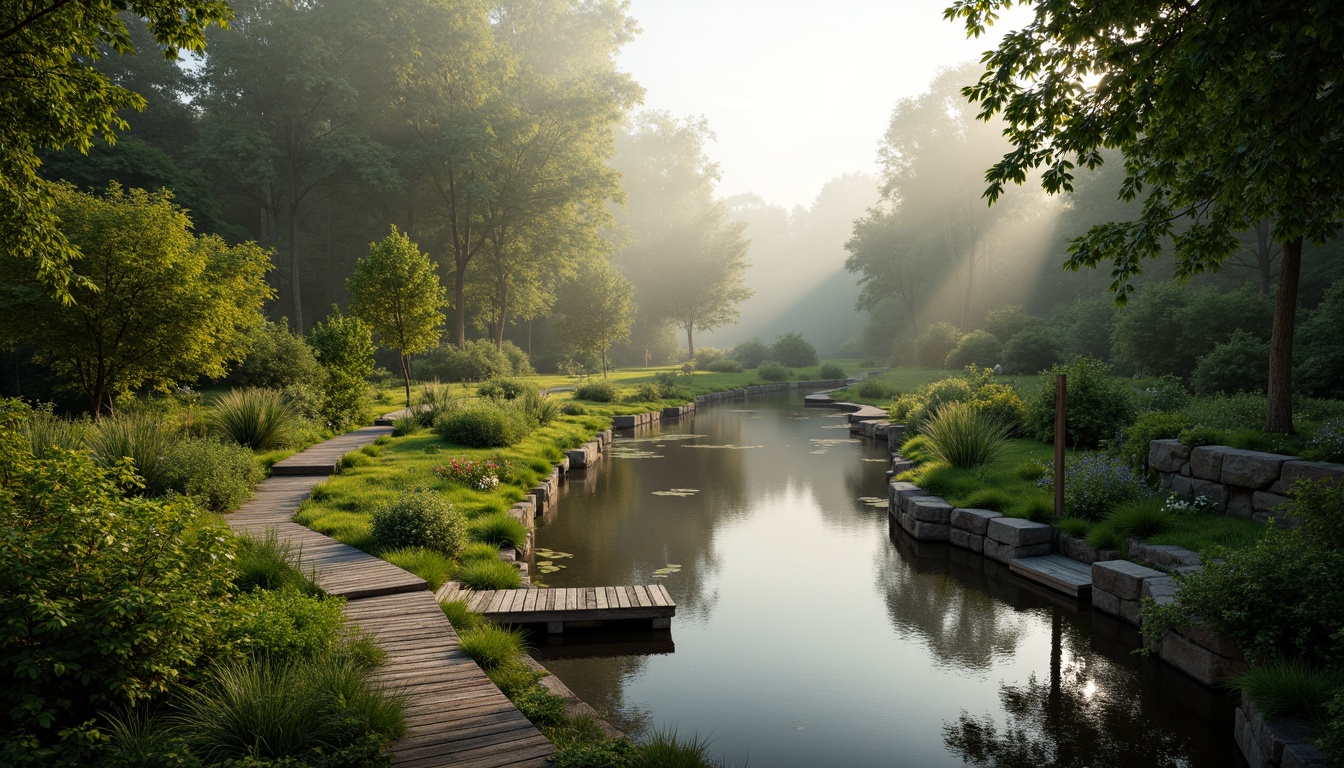 Prompt: Serene riverbank setting, lush green vegetation, winding watercourse, rustic wooden docks, meandering footpaths, natural stone retaining walls, tranquil atmosphere, soft warm lighting, misty morning fog, shallow depth of field, 2/3 composition, panoramic view, realistic water textures, ambient occlusion, gentle river flow, soothing sound effects.