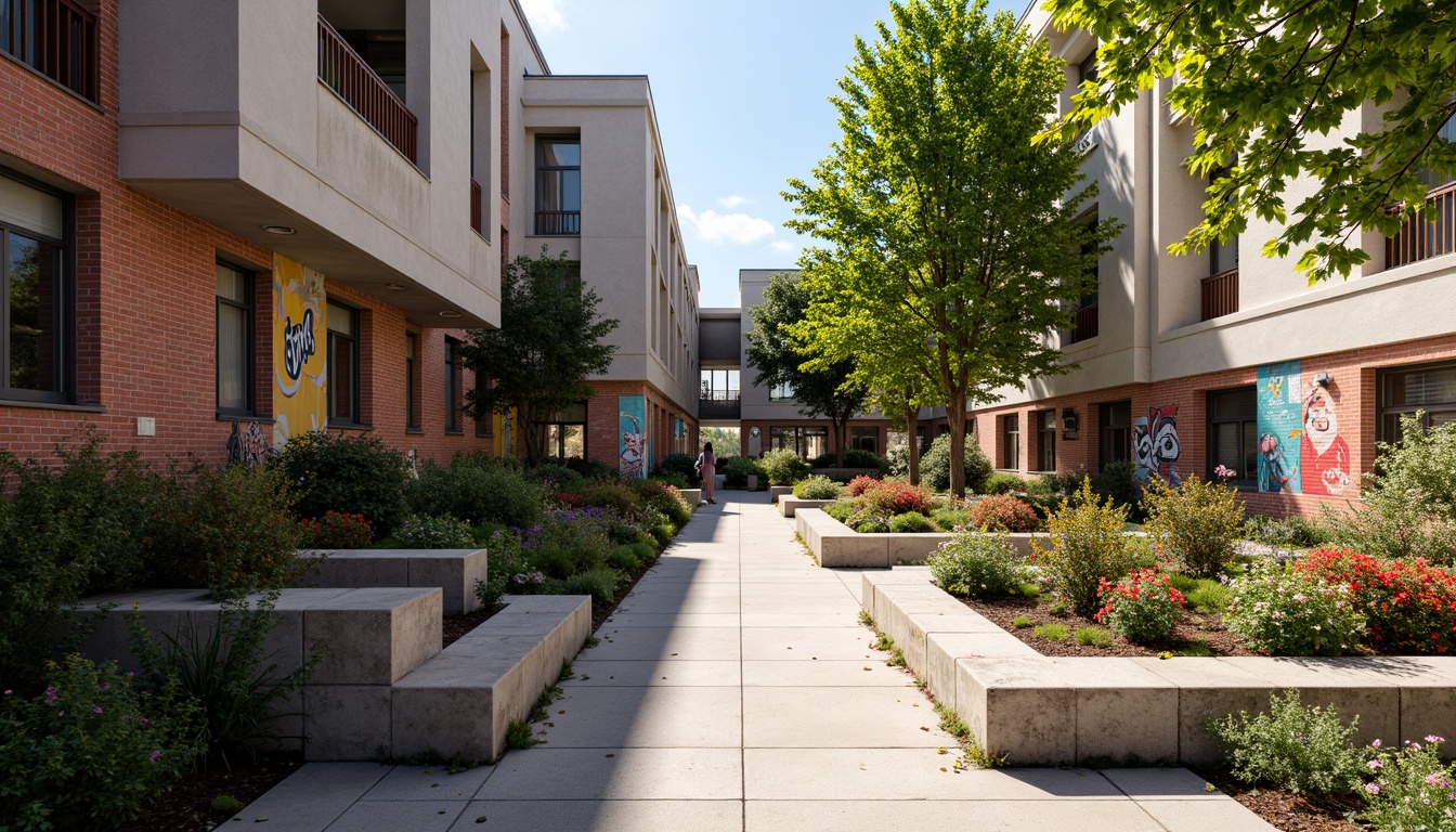 Prompt: Vibrant high school courtyard, distressed concrete walls, rough-hewn stone benches, weathered metal railings, eclectic mix of brick, wood, and steel textures, bold graffiti murals, abstract expressionist art pieces, irregularly shaped planters, overflowing with vibrant flowers, unkempt bushes, and lush greenery, warm sunny day, dramatic shadows, high-contrast lighting, shallow depth of field, 1/2 composition, cinematic camera angles, gritty realistic render.