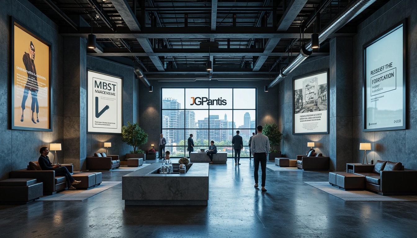 Prompt: Monochromatic bank interior, industrial constructivist style, exposed concrete walls, metallic accents, minimalist furniture, bold typography, grid-based layout, geometric patterns, cold blue undertones, warm beige highlights, neutral gray background, subtle gradient effects, high-contrast lighting, dramatic shadows, cinematic atmosphere, 1/2 composition, symmetrical framing, sharp focus, urban metropolitan feel, modern financial institution aesthetic.