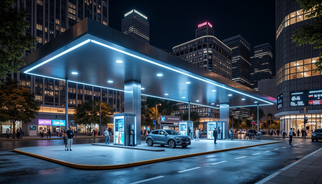 Prompt: Modern gas station, sleek metal canopy, gleaming LED lights, polished concrete floors, stainless steel fuel pumps, futuristic digital displays, minimalist architecture, angular lines, industrial chic aesthetic, urban cityscape, busy streets, neon signage, retro-futuristic vibe, bold color scheme, dynamic lighting effects, shallow depth of field, 3/4 composition, panoramic view, realistic textures, ambient occlusion.