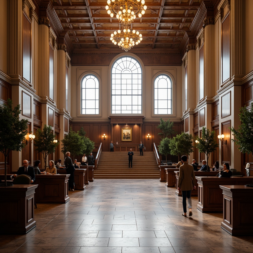 Prompt: Grand courthouse entrance, majestic staircase, high ceilings, ornate chandeliers, polished marble floors, wooden paneling, formal courtroom settings, judge's bench, witness stands, attorney tables, comfortable spectator seating, natural light pouring through large windows, subtle warm lighting, elegant architectural details, neoclassical style, symmetrical compositions, shallow depth of field, 3/4 framing, realistic textures, ambient occlusion.