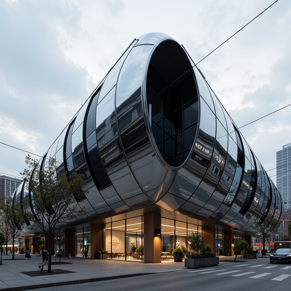 Prompt: Streamlined Moderne building, curved lines, rounded edges, reflective metallic surfaces, polished chrome accents, glossy black glass, sleek minimalism, urban cityscape, cloudy gray sky, soft diffused lighting, shallow depth of field, 1/1 composition, symmetrical architecture, industrial materials, exposed ductwork, steel beams, concrete floors, wood paneling, minimalist decor, monochromatic color scheme, bold typography, futuristic ambiance.