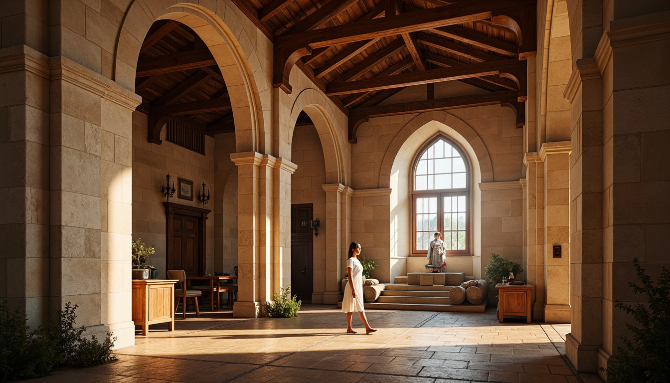 Prompt: Earth-toned Romanesque church, warm beige stone walls, rustic terracotta roofs, rich brown wooden accents, soft golden lighting, ornate carvings, intricate stone patterns, arched windows, grand vaulted ceilings, mystical atmosphere, subtle shadows, high contrast ratio, 1/2 composition, dramatic spotlighting, realistic textures, ambient occlusion.