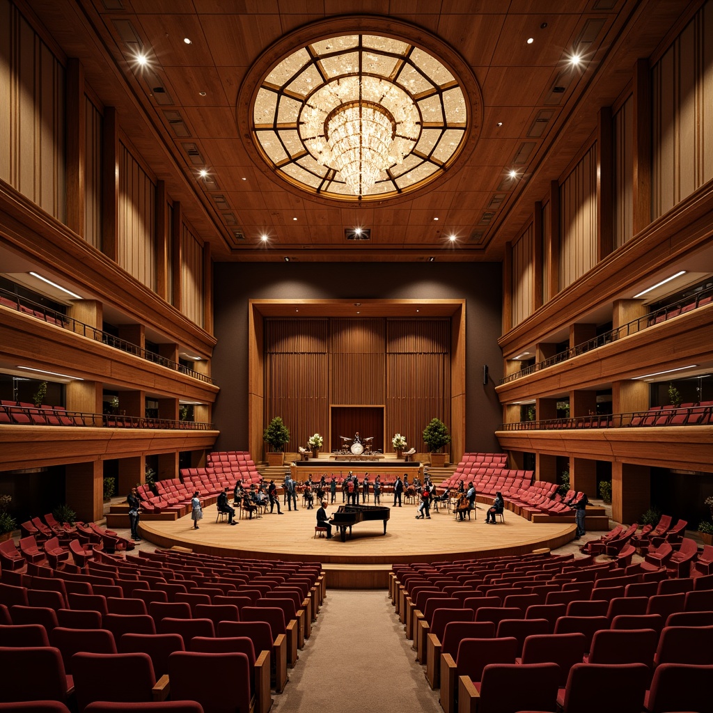 Prompt: Elegant concert hall, wooden flooring, plush velvet seats, ornate chandeliers, soundproofing materials, acoustic panels, diffusers, absorbers, resonators, precise speaker placement, optimal microphone positioning, reverberation control, sound wave manipulation, 3D audio rendering, immersive surround sound, high-fidelity audio equipment, sophisticated sound processing algorithms, warm ambient lighting, intimate performance space, grand piano, strings section, dynamic drum kit.