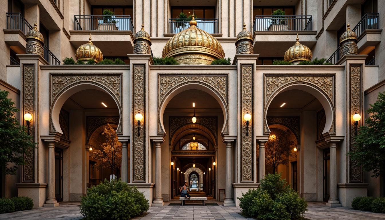 Prompt: Ornate Byzantine skyscraper facade, golden domes, intricately patterned mosaics, arched windows, ornamental columns, grand entranceways, lavish decorative details, richly textured stone walls, gleaming metallic accents, warm ambient lighting, dramatic shading, 1/2 composition, atmospheric perspective, highly detailed textures, subtle normal mapping.