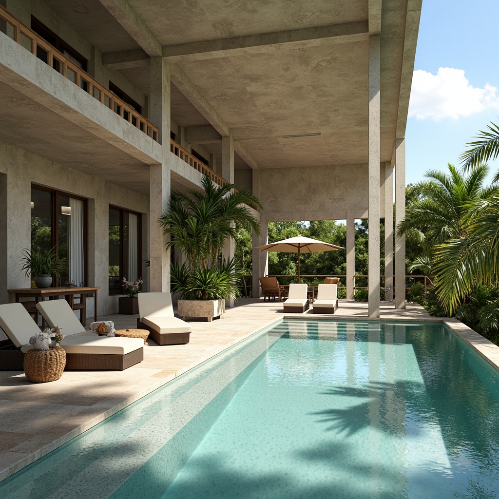 Prompt: Luxurious poolside pavilion, vaulted ceilings, natural stone columns, sleek glass railings, infinity edge pool, turquoise water, sun-kissed loungers, plush outdoor furniture, tropical palm trees, vibrant greenery, warm sunny day, soft diffused lighting, shallow depth of field, 3/4 composition, panoramic view, realistic reflections, ambient occlusion.