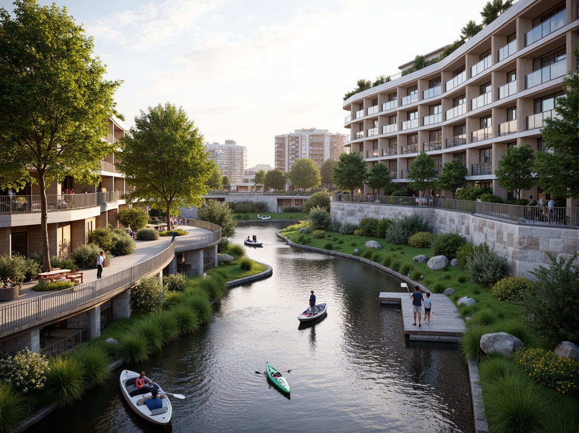 Prompt: Riverbank promenade, lush green vegetation, meandering watercourse, natural stone walls, wooden docks, sailing boats, kayaks, paddleboards, scenic lookout points, steel cable railings, modern riverbank architecture, glass balconies, cantilevered roofs, vertical gardens, solar panels, rainwater harvesting systems, eco-friendly materials, waterfront restaurants, outdoor seating areas, soft warm lighting, shallow depth of field, 1/1 composition, panoramic view, realistic textures, ambient occlusion.