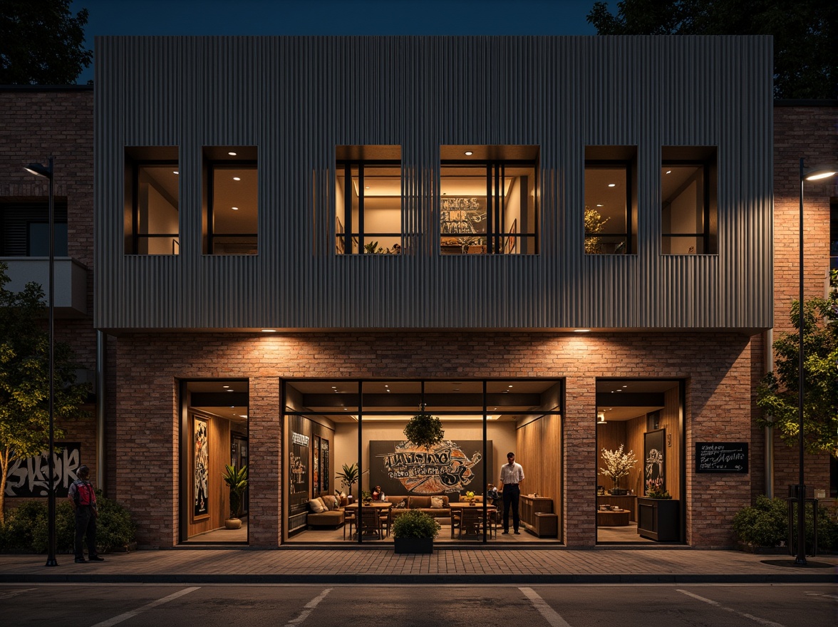 Prompt: Rustic warehouse exterior, exposed brick walls, metal cladding, corrugated roofing, industrial windows, steel beams, wooden accents, vintage signage, distressed finishes, urban landscape, graffiti artwork, night time, warm soft lighting, shallow depth of field, 2/3 composition, atmospheric perspective, realistic textures, subtle color grading.Please let me know if this meets your requirements!