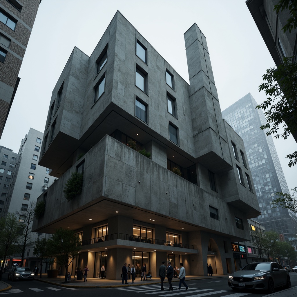 Prompt: Rugged brutalist building, fortress-like facade, raw concrete textures, exposed ductwork, industrial metal accents, geometric shapes, abstract patterns, bold cantilevered structures, dramatic shading, moody atmospheric lighting, harsh urban environment, cityscape backdrop, dense fog, low-angle photography, 1/2 composition, cinematic mood, gritty realistic rendering.