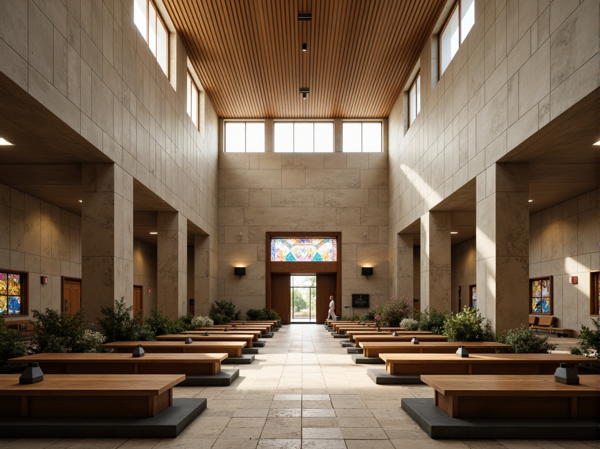 Prompt: Rugged brutalist church architecture, raw concrete walls, minimalist decor, industrial-style lighting fixtures, natural stone flooring, clerestory windows, soft diffused light, warm beige tones, subtle shadows, dramatic high ceilings, grand entrance doors, ornate wooden pews, vibrant stained glass windows, tranquil atmosphere, peaceful ambiance, morning sunlight, gentle warm glow, shallow depth of field, 2/3 composition, realistic textures, ambient occlusion.