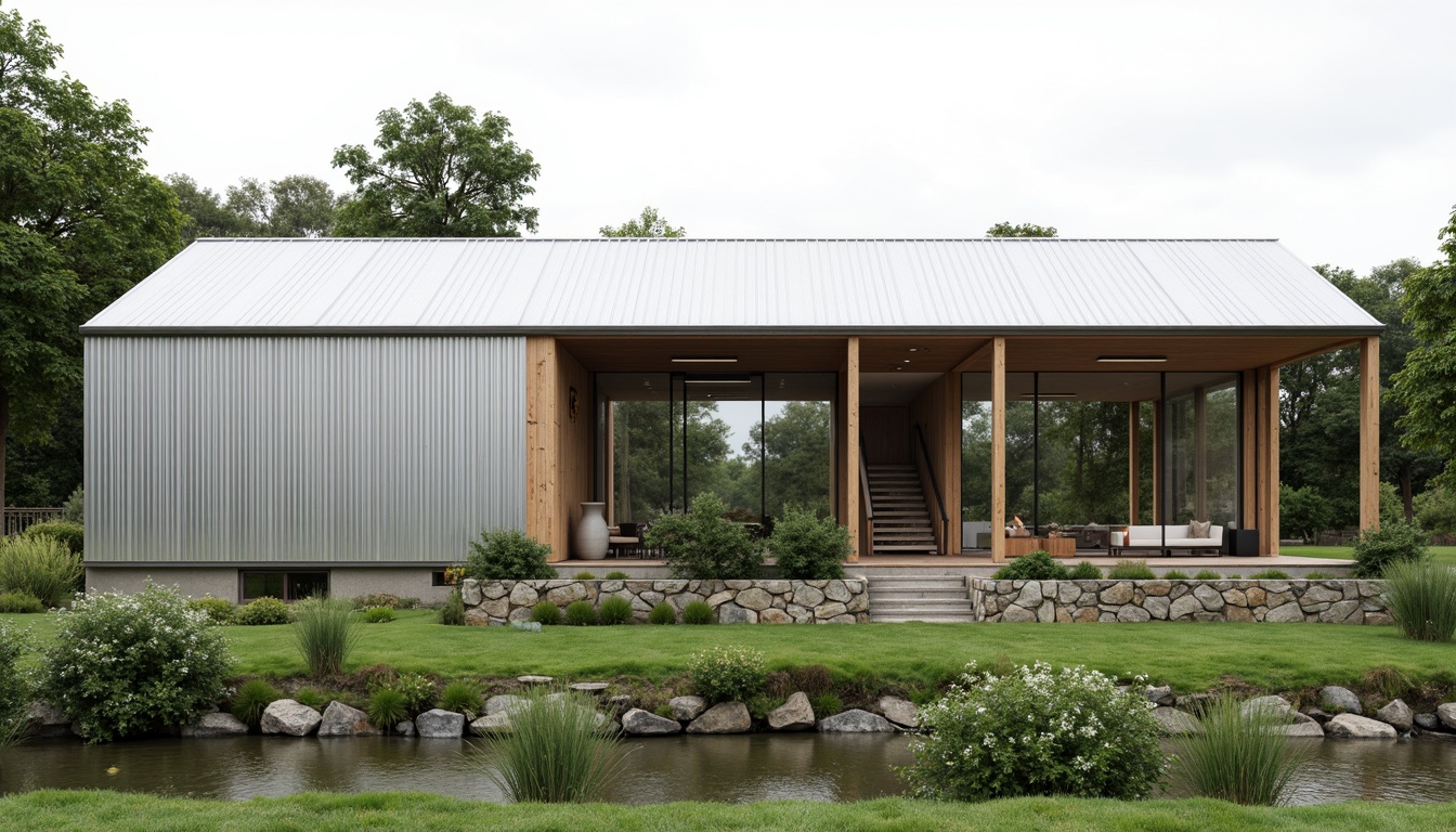 Prompt: Rustic barn, streamlined modern fa\u00e7ade, galvanized metal cladding, wooden accents, large windows, sliding glass doors, industrial chic aesthetic, rural landscape, serene countryside, gentle stream, lush greenery, natural stone foundations, minimalist design, clean lines, monochromatic color scheme, soft diffused lighting, high contrast ratio, 1/1 composition, realistic textures, ambient occlusion.