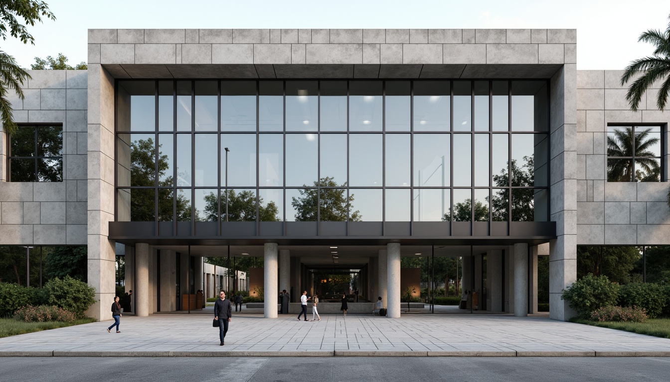 Prompt: Grandiose courthouse building, modernist architecture, symmetrical facade, granite stone walls, large glass windows, metal frames, minimalist ornamentation, bold entrance archways, imposing columns, subtle color palette, natural light illumination, shallow depth of field, 1/2 composition, realistic textures, ambient occlusion.