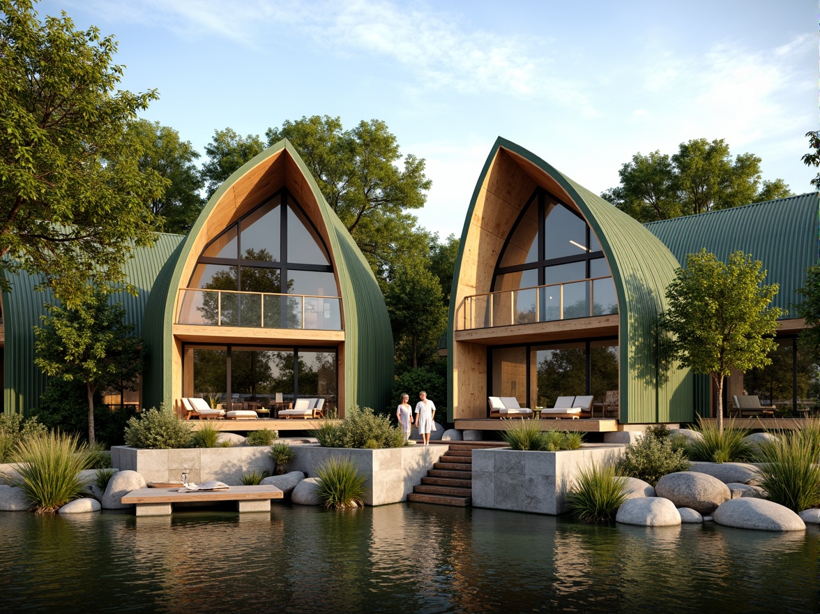 Prompt: Riverbank residence, modern curved lines, wooden accents, green roofs, large windows, natural stone walls, cantilevered decks, steel railings, lush vegetation, tranquil water views, serene river atmosphere, warm sunny day, soft diffused lighting, shallow depth of field, 1/1 composition, realistic textures, ambient occlusion.