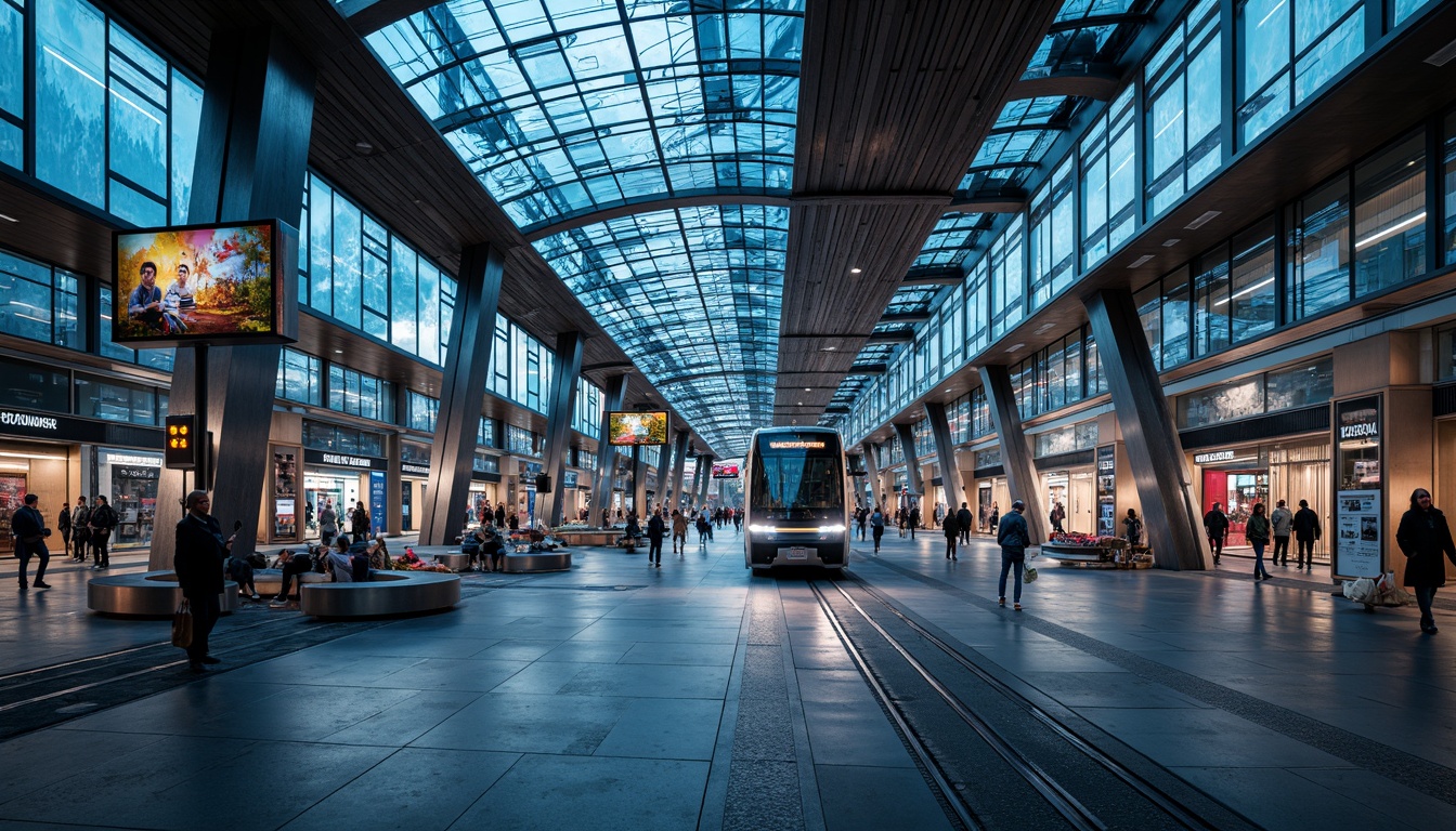 Prompt: Futuristic tram station, sleek metal framework, polished chrome accents, LED light installations, dynamic digital displays, high-gloss flooring, minimalist seating areas, advanced ticketing systems, stainless steel handrails, transparent glass roofs, modern urban landscape, bustling city atmosphere, vibrant neon lighting, shallow depth of field, 1/2 composition, panoramic view, realistic reflections, ambient occlusion.