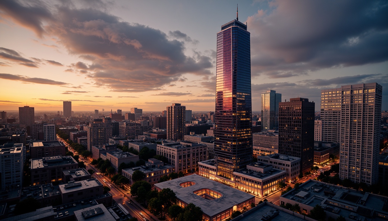 Prompt: Dark maroon skyscraper, sleek modern architecture, metallic silver accents, floor-to-ceiling windows, urban cityscape, bustling streets, vibrant nightlife, neon lights, towering heights, dramatic cloud formations, warm golden sunset, soft gradient lighting, shallow depth of field, 1/1 composition, realistic reflective surfaces, ambient occlusion.