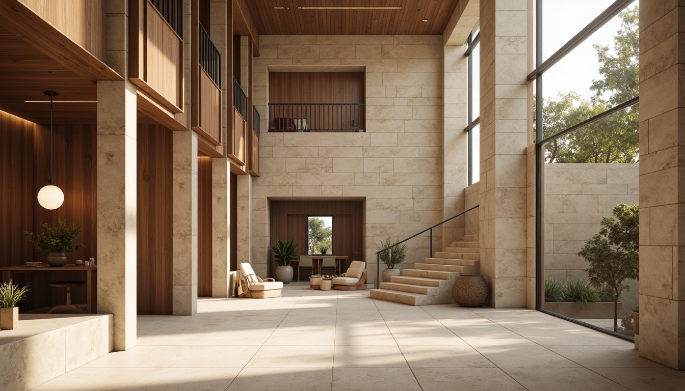 Prompt: Earthy contemporary building, coffee-toned stone facade, warm beige walls, rich brown wood accents, creamy white marble floors, sleek metal railings, minimalist decor, floor-to-ceiling windows, natural light pouring in, subtle gradient shading, 1/1 composition, low-angle view, atmospheric perspective, realistic render, soft ambient lighting.