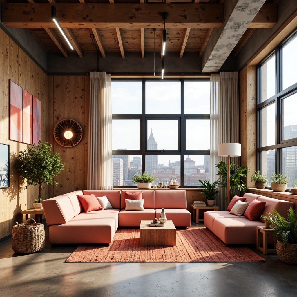 Prompt: Vibrant modern interior, eclectic furniture pieces, bold color blocking, contrasting textures, metallic accents, natural materials, warm ambient lighting, cozy atmosphere, Scandinavian-inspired design, minimalist decor, pastel hues, soft peach tones, rich wood finishes, industrial chic, urban loft vibe, large windows, cityscape views, morning sunlight, shallow depth of field, 1/1 composition.