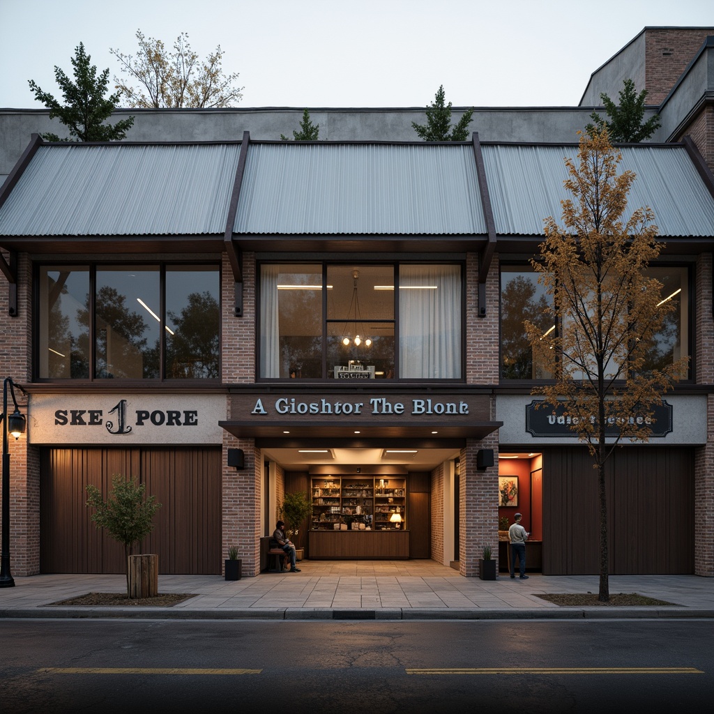 Prompt: Rustic warehouse facade, exposed brick walls, metal clad panels, industrial-style windows, corrugated roofing, distressed wood accents, vintage signage, urban cityscape, morning fog, soft warm lighting, shallow depth of field, 1/1 composition, realistic textures, ambient occlusion.