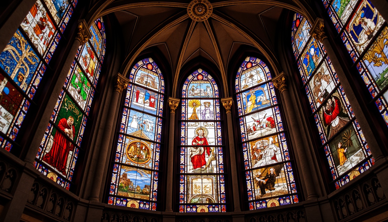 Prompt: Vibrant stained glass windows, kaleidoscope colors, geometric patterns, intricate designs, ornate details, Gothic architecture, grand cathedrals, majestic ceilings, luminous lighting, warm ambiance, cozy atmosphere, rich textures, colorful reflections, sparkling highlights, subtle shading, 1/1 composition, shallow depth of field, realistic rendering, ambient occlusion.