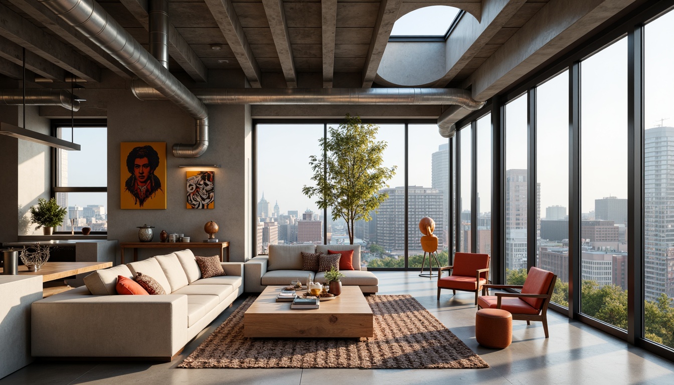 Prompt: Open-plan living area, curved lines, minimal ornamentation, industrial chic materials, polished concrete floors, exposed ductwork, functional furniture, movable partitions, flexible layouts, adaptable spaces, abundant natural light, clerestory windows, sliding glass doors, urban cityscape views, bustling street scenes, eclectic artwork, bold color accents, textured rugs, modernist sculptures, geometric patterns, playful lighting fixtures, airy atmosphere, shallow depth of field, 1/1 composition, soft warm lighting, realistic textures, ambient occlusion.