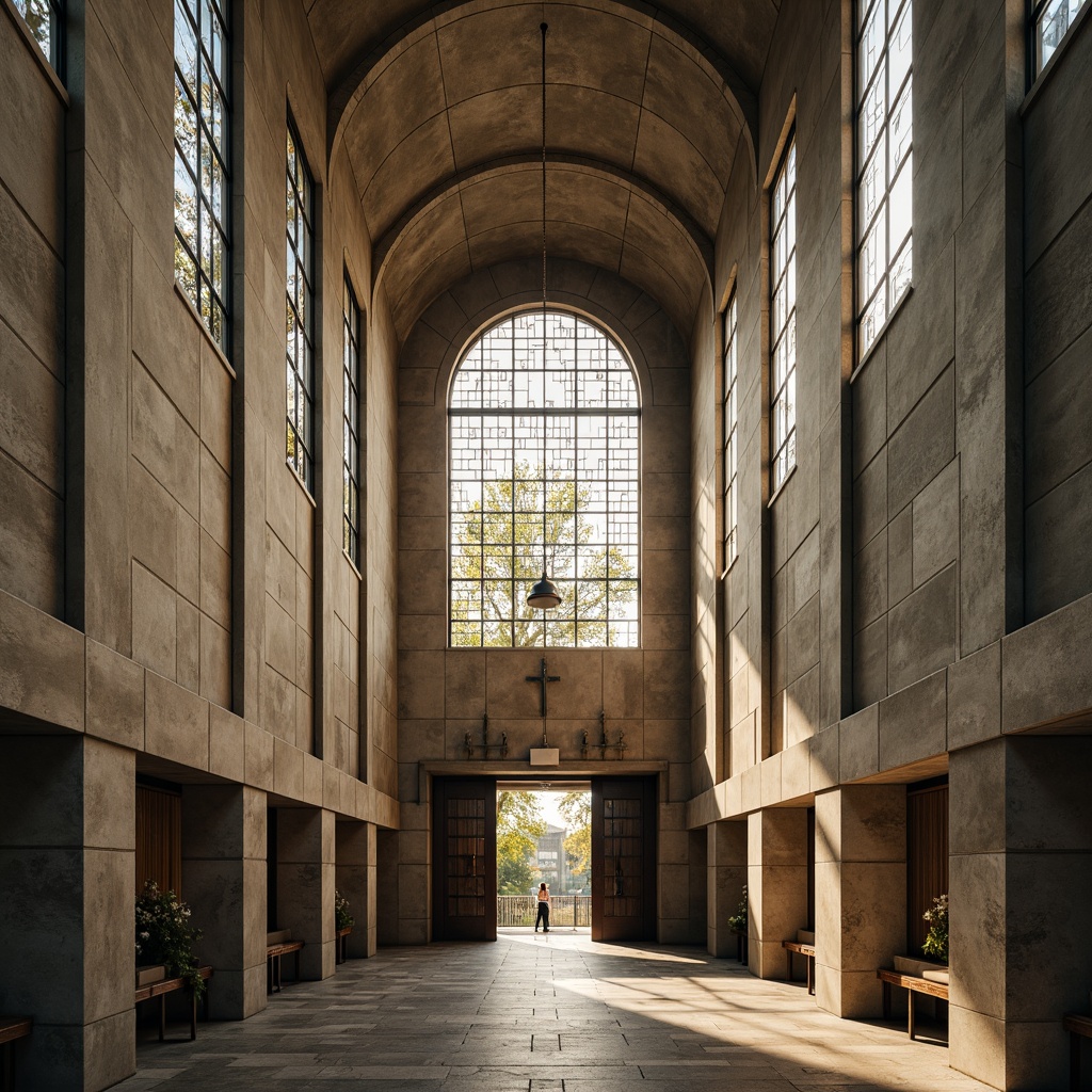 Prompt: Rugged brutalist church facade, raw concrete textures, dramatic natural lighting, stained glass windows, vaulted ceilings, grandiose entrance, industrial-style metal doors, weathered stone walls, minimalist interior design, solemn atmosphere, diffused soft light, warm beige tones, subtle shadows, 1/1 composition, symmetrical framing, realistic rendering, ambient occlusion.