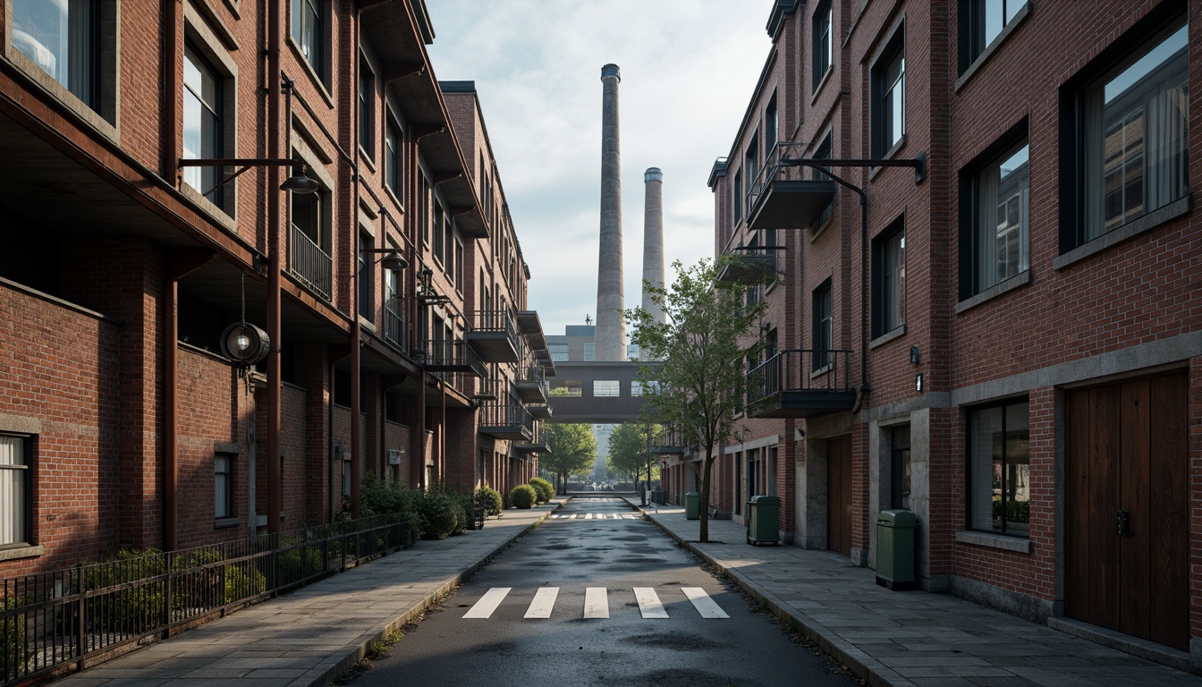 Prompt: Industrial heritage, exposed brick fa\u00e7ades, steel beams, corrugated metal roofs, industrial-scale windows, mechanical equipment, functional pipes, distressed concrete walls, urban regeneration, post-industrial landscape, factory chimneys, smokestacks, rusting steel, weathered wood, gritty textures, high-contrast lighting, dramatic shadows, 1-point perspective, symmetrical composition, atmospheric mist, nostalgic ambiance.