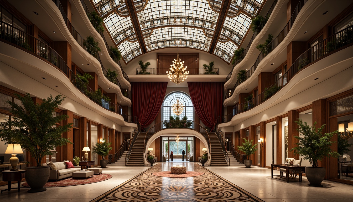 Prompt: Luxurious hotel lobby, intricately patterned floors, ornate metalwork, flowing organic lines, sinuous curves, stained glass ceilings, grand chandeliers, rich wood paneling, velvet drapes, gilded mirrors, elegant furnishings, opulent textiles, subtle color palette, warm soft lighting, dramatic archways, majestic staircases, lavish ornamentation, highly decorative elevations, Art Nouveau typography, curvilinear motifs, botanical inspirations, natural materials, grandiose entrance, 1/1 composition, shallow depth of field, atmospheric perspective.