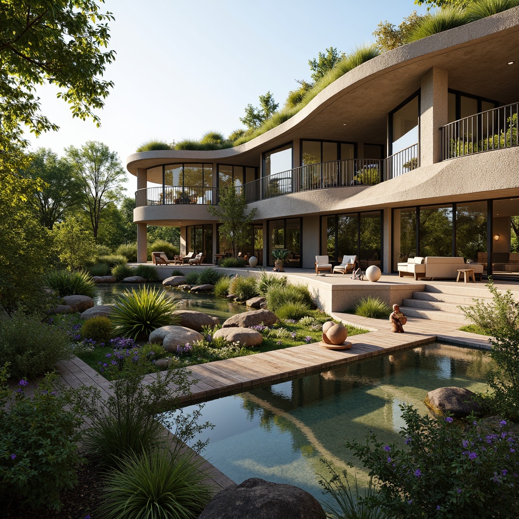 Prompt: Seamless landscape integration, organic curves, natural stone walls, lush green roofs, native plant species, meandering pathways, serene water features, wooden decks, cantilevered structures, minimalist architecture, large windows, sliding glass doors, warm natural lighting, soft focus, 1/2 composition, atmospheric perspective, detailed textures, realistic foliage.