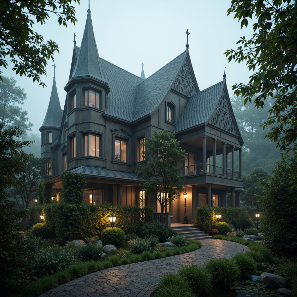 Prompt: Mysterious villa, Gothic spires, ornate stone carvings, overgrown ivy, moss-covered statues, eerie mist, foggy morning, medieval-inspired gardens, winding stone paths, lantern-lit walkways, ancient trees, twisted branches, dark mysterious shadows, warm golden lighting, soft focus, 1/2 composition, atmospheric perspective, detailed textures, subtle ambient occlusion.