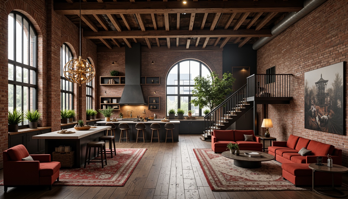 Prompt: Industrial chic loft interior, exposed brick walls, distressed wood flooring, rustic wooden beams, ornate Romanesque arches, grand chandeliers, luxurious velvet furniture, rich jewel-toned color palette, eclectic artwork, vintage decorative accents, metal staircase, open-plan living area, minimalist kitchen island, pendant lighting fixtures, natural stone countertops, reclaimed wood shelves, cozy reading nooks, dramatic high ceilings, warm ambient lighting, atmospheric fog effect, 1/2 composition, cinematic camera angle.