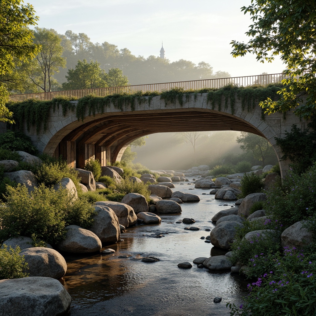 Prompt: Rustic bridge infrastructure, natural stone piers, verdant surroundings, lush vegetation, serene water flow, gentle mist, soft warm lighting, 1/1 composition, realistic textures, ambient occlusion, modern minimalist design, eco-friendly materials, sustainable energy solutions, solar panels, wind turbines, green roofs, innovative cooling technologies, shaded outdoor spaces, misting systems, flowing curves, sleek metal railings, organic-inspired motifs, vibrant colorful accents.