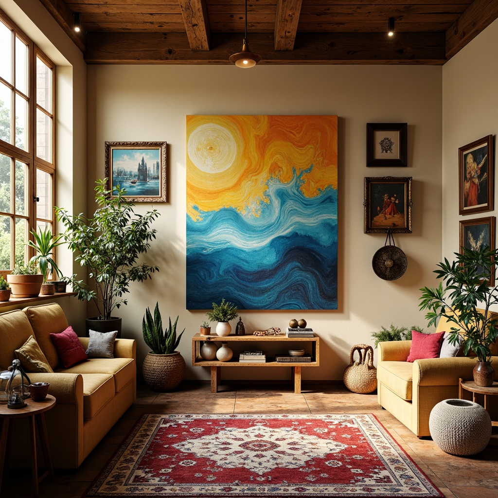 Prompt: Vibrant art studio, eclectic color palette, bold brushstrokes, textured canvas, abstract expressionism, warm golden lighting, cozy atmosphere, rich wood accents, ornate picture frames, decorative vases, lush greenery, natural stone flooring, bohemian-inspired decor, modern art pieces, statement furniture, vibrant throw pillows, eclectic rug patterns, warm beige walls, creamy whites, deep blues, earthy tones, pastel hues, metallic accents.