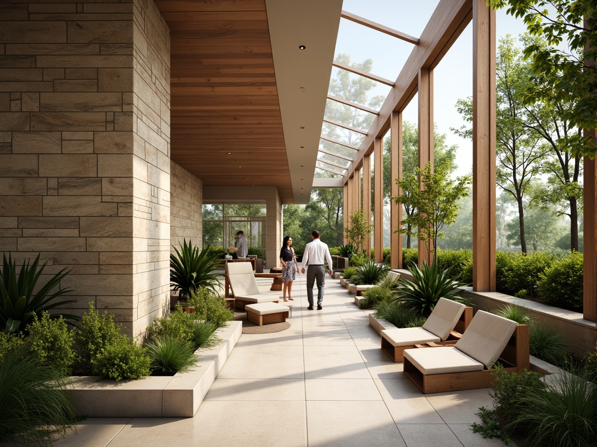 Prompt: Welcoming visitor center, floor-to-ceiling windows, natural stone walls, wooden accents, modern minimalist architecture, abundant greenery, lush plants, skylights, clerestory windows, soft diffused lighting, warm beige tones, earthy color palette, organic textures, subtle shadows, 1/1 composition, shallow depth of field, realistic rendering.