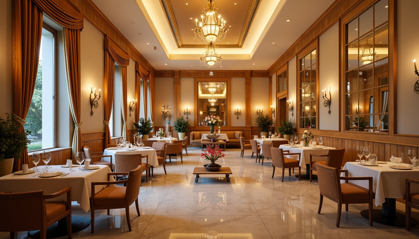 Prompt: Elegant dining hall, refined atmosphere, warm beige walls, rich wood accents, soft cream ceilings, luxurious velvet drapes, polished marble floors, sophisticated chandeliers, warm golden lighting, intimate seating areas, decorative mirrors, ornate moldings, subtle texture patterns, harmonious color balance, 1/2 composition, shallow depth of field, realistic reflections, ambient occlusion.