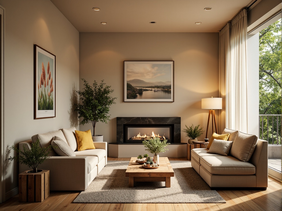 Prompt: Cozy living room, warm beige walls, plush sofas, velvet armchairs, natural wood flooring, rustic coffee tables, ambient soft lighting, floor-to-ceiling windows, sheer white curtains, greenery views, modern minimalist decor, abstract artwork, textured rugs, comfortable seating areas, intimate conversation zones, soft pastel colors, calming atmosphere, shallow depth of field, 1/1 composition, warm and inviting ambiance.