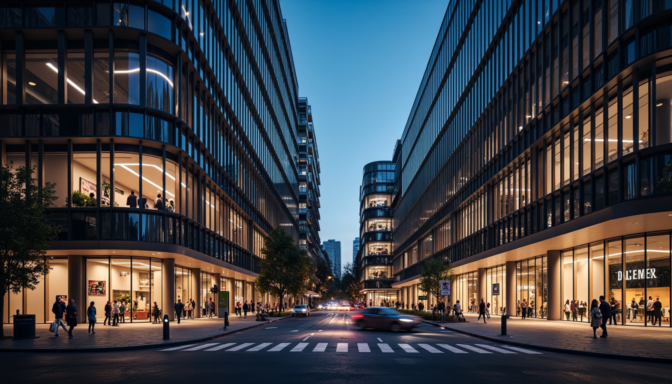 Prompt: Streamlined modern buildings, curved lines, minimalist facades, reflective glass surfaces, metallic accents, futuristic LED lighting, urban cityscape, busy streets, concrete pavement, dynamic shadows, dramatic night scenes, warm soft glow, shallow depth of field, 1/2 composition, panoramic view, realistic reflections, ambient occlusion.