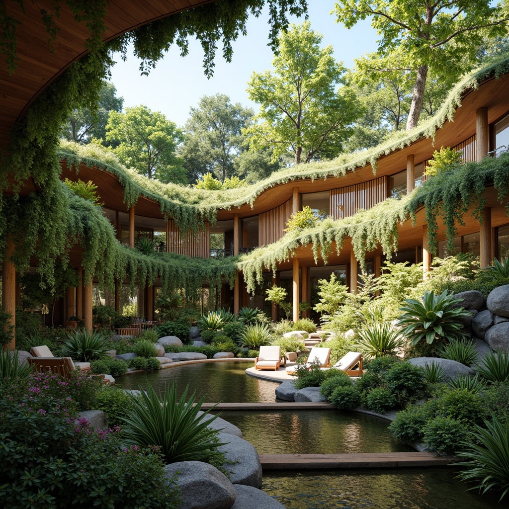 Prompt: Vibrant botanical gardens, lush green roofs, flowing water features, organic architecture, curved lines, natural stone walls, wooden accents, floor-to-ceiling windows, seamless indoor-outdoor transitions, warm soft lighting, shallow depth of field, 1/2 composition, wide-angle lens, realistic textures, ambient occlusion, serene ambiance, peaceful coexistence.