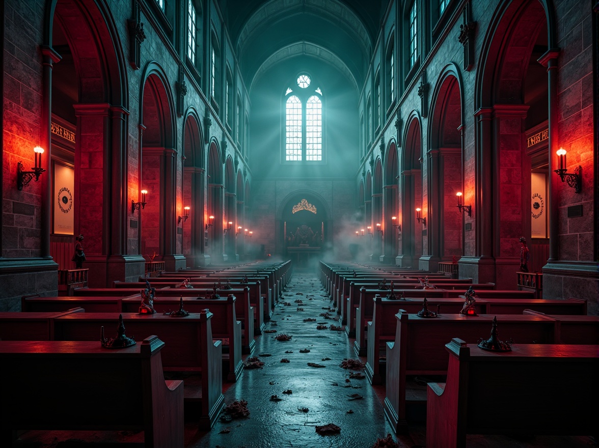 Prompt: Eerie Gothic cathedral, mysterious stone walls, stained glass windows, ornate wooden pews, grandiose chandeliers, mysterious crypts, dimly lit corridors, ancient artifacts, mystical symbols, bold red accents, deep purple hues, midnight blue tones, eerie green mist, dramatic warm lighting, high contrast shadows, atmospheric fog, cinematic composition, symmetrical framing, intricate textures, ornate details.