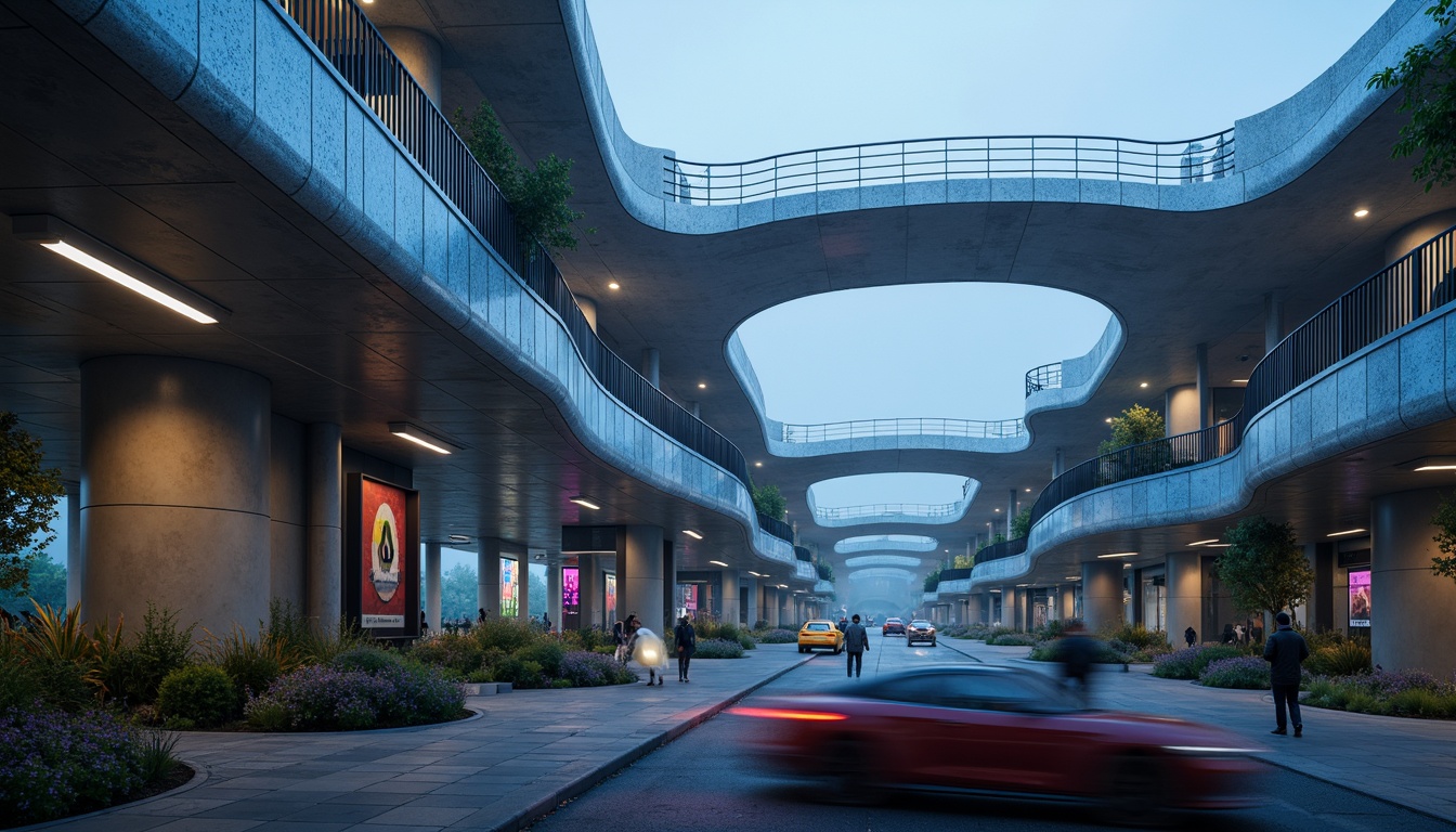 Prompt: Curvaceous vehicular bridge, bulbous pillars, iridescent metallic surfaces, neon-lit accents, futuristic architecture, undulating roadways, cantilevered sections, sweeping arches, dynamic curves, glowing LED lights, misty atmosphere, soft focus, shallow depth of field, 1/2 composition, low-angle shot, cinematic lighting, high-contrast textures.