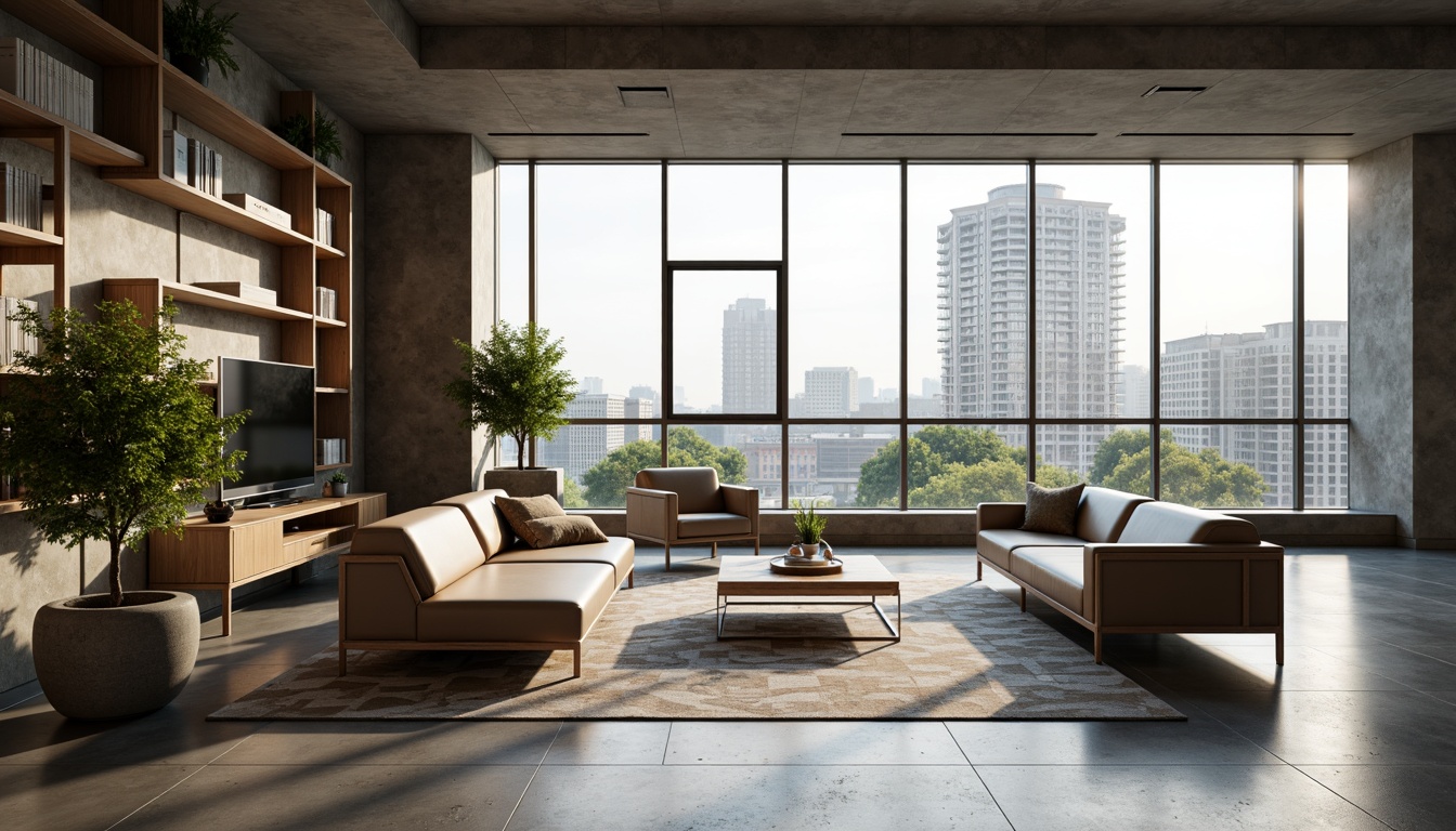 Prompt: Minimalist modern furniture, sleek low-profile sofas, polished chrome legs, rectangular coffee tables, geometric patterned rugs, floor-to-ceiling windows, urban city views, natural light pouring in, soft warm ambiance, 1/1 composition, shallow depth of field, realistic textures, ambient occlusion, open-plan living areas, functional zones, optimized traffic flow, streamlined circulation paths, built-in shelving units, hidden storage compartments, monochromatic color schemes, industrial-chic accents, metallic tones, concrete floors, minimalist decor, green walls, air-purifying plants.