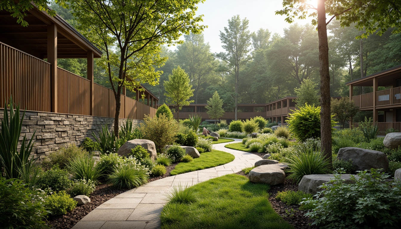 Prompt: Seamless landscape integration, organic curves, lush greenery, native plants, meandering pathways, natural stone walls, wood accents, earthy tones, eco-friendly materials, sustainable design, minimal disturbance, wildlife preservation, serene atmosphere, warm sunlight, soft shadows, shallow depth of field, 1/1 composition, realistic textures, ambient occlusion.