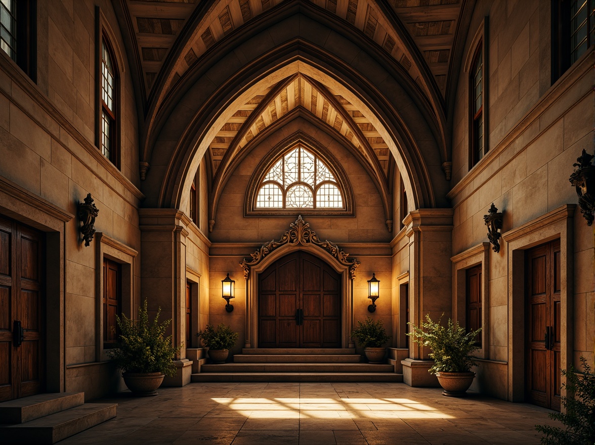 Prompt: Grand villa entrance, pointed archways, ribbed vaults, flying buttresses, ornate stone carvings, stained glass windows, intricate gargoyles, heavy iron doors, rustic stone walls, overhanging battlements, mystical ambiance, warm golden lighting, dramatic shadows, 1/1 composition, symmetrical framing, high contrast ratio, cinematic mood.