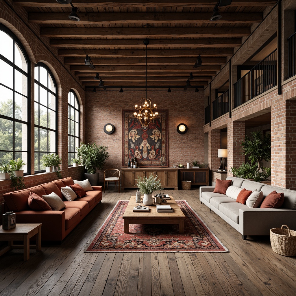 Prompt: Open-plan living area, exposed brick walls, wooden beam ceilings, industrial-chic metal pipes, reclaimed wood flooring, vintage decorative elements, grand arched windows, ornate stone columns, wrought iron railings, cozy reading nooks, plush velvet sofas, rich tapestries, rustic wooden tables, pendant lighting fixtures, warm earthy color palette, soft warm lighting, shallow depth of field, 1/1 composition, realistic textures, ambient occlusion.